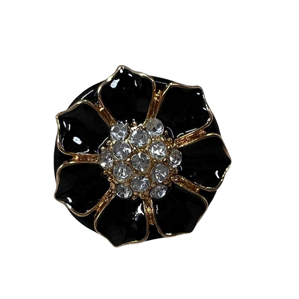 Black Enamel Flower Ring Womens Size 8.5 Gold Tone Clear Rhinestone Statement